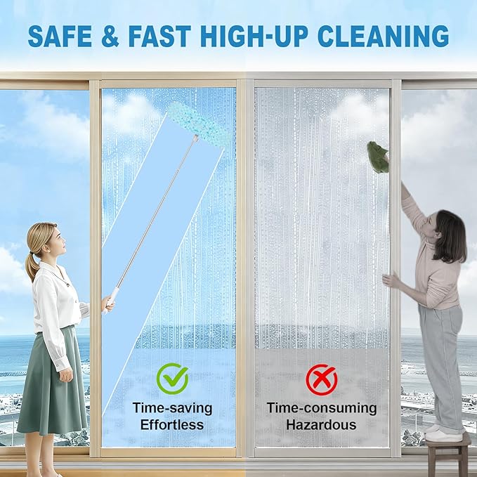 50Pcs Duster Refill Compatible with Swiffer Hand Duster +4FT Extended Handle +1 Handle, 360° Heavy Duty Duster Refills Kit for Cleaning, Office, Ceiling Fan, Baseboard & Blind