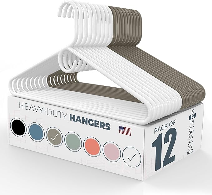 Neaties Heavy Duty Clothes Hangers 12 Pack – Made in the USA – 8lb Capacity Plastic Hangers for Adult Clothing – Durable for Pants, Coats, Jackets, or Jeans – White & Gray