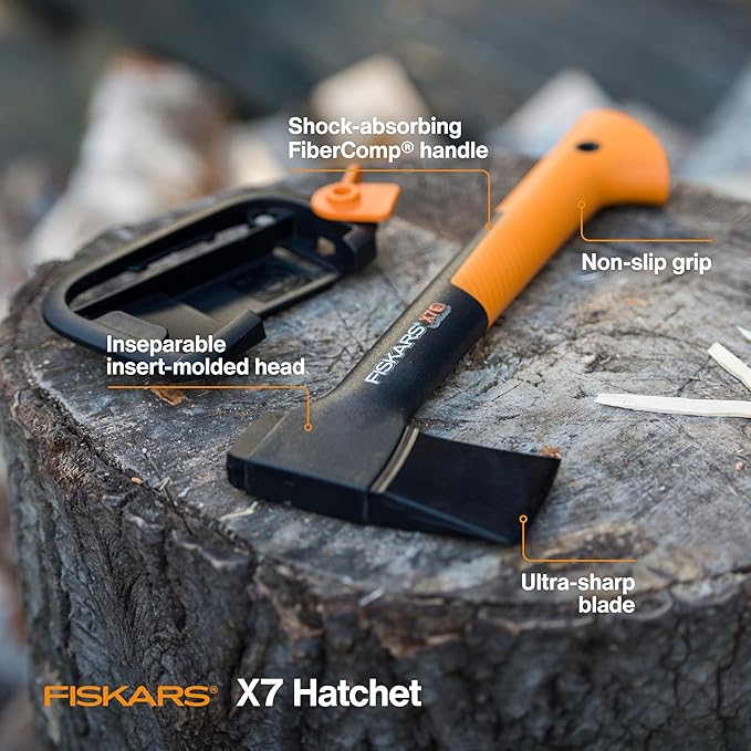 Fiskars X7 Small 14" Hatchet Axe with Sheath for Chopping Wood Kindling for Campfires while Outdoors & Camping, Insert-Molded Forged Steel Head, Low-Friction Blade, Shock Absorbing Handle & Non-Slip Grip