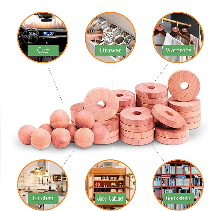 Cedar Blocks for Clothes Storage 100% Aromatic Red Cedar Balls & Rings Dresser Drawer Freshener Odor Eliminator 30 Rings & Bonus 10 Balls Total 40 Pieces
