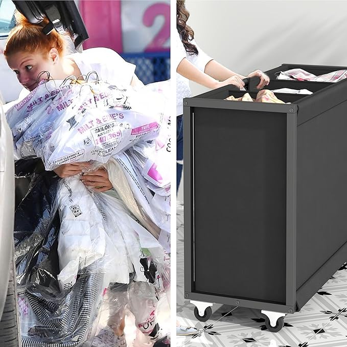 STIKELY L Shaped Laundry Hamper Laundry Basket with 3 Section Pull-Out Rolling Bags & 3-Tier Storage Shelf, Laundry Sorter for Organization and Storage with 2 Drawers for Laundry Room