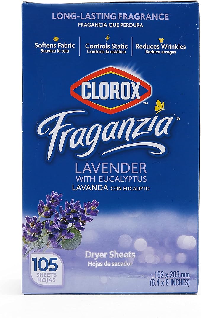 Clorox Fraganzia Fabric Softener Dryer Sheets, Wrinkle Reducing and Anti Static Laundry Dryer Sheets for Great Smelling Clothes, Softens Fabrics, Lavender with Eucalyptus Scent, 105 Count