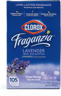 Clorox Fraganzia Fabric Softener Dryer Sheets, Wrinkle Reducing and Anti Static Laundry Dryer Sheets for Great Smelling Clothes, Softens Fabrics, Lavender with Eucalyptus Scent, 105 Count