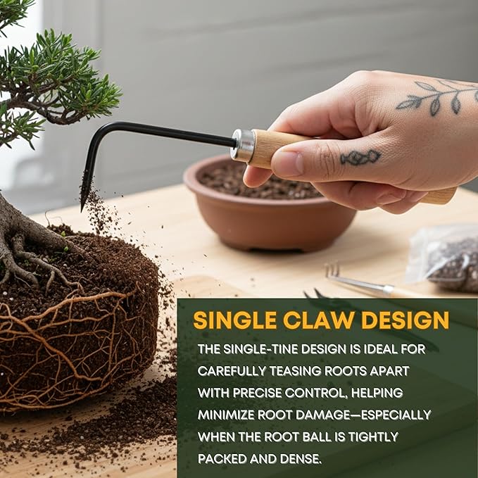 Garden Helper Single Claw Root Hook for Plants - Bonsai Repotting Tool - Heavy Duty Hardened Steel Blade with Ergonomic Wood Handle
