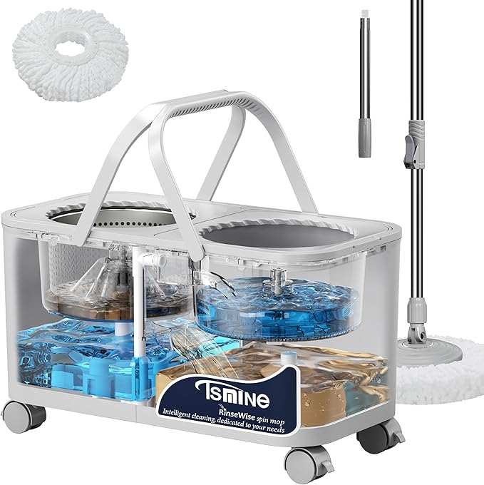 Compact Spin Mop for Apartments & Small Spaces, Clean & Dirty Water Separation Mop Bucket for Pet Owners & Daily Cleaning,360° Swivel Wheels, Safe for Hardwood & Tile, Adjustable Handle, 1 Mop Heads