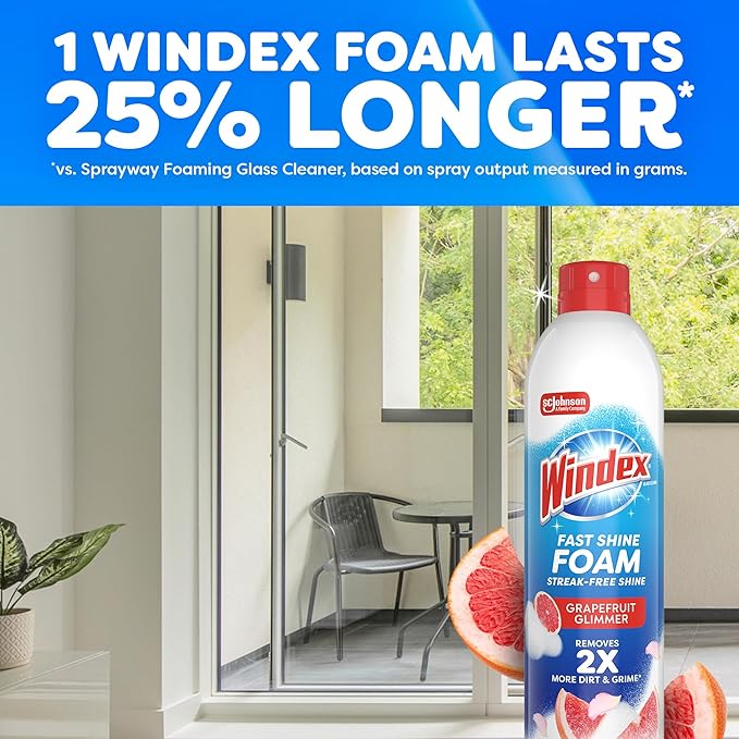 Windex Fast Shine Foam Glass Cleaner Supplies, No-Drip Window & Mirror Aerosol Spray, Streak-Free, Removes Fingerprints, Dust, Dirt & Smoke Film, Grapefruit Scent, 19 oz