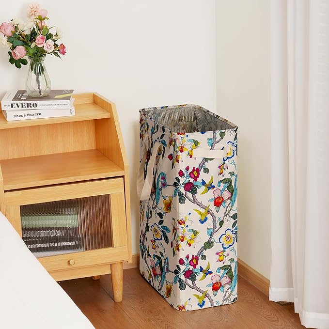 efluky Slim Laundry Basket, Narrow Laundry Hamper with Handles, Collapsible Dirty Clothes Hamper, Tall Laundry Bin for Laundry Room, Dorm and Bedroom, 19.8 Gallon (75L) Floral