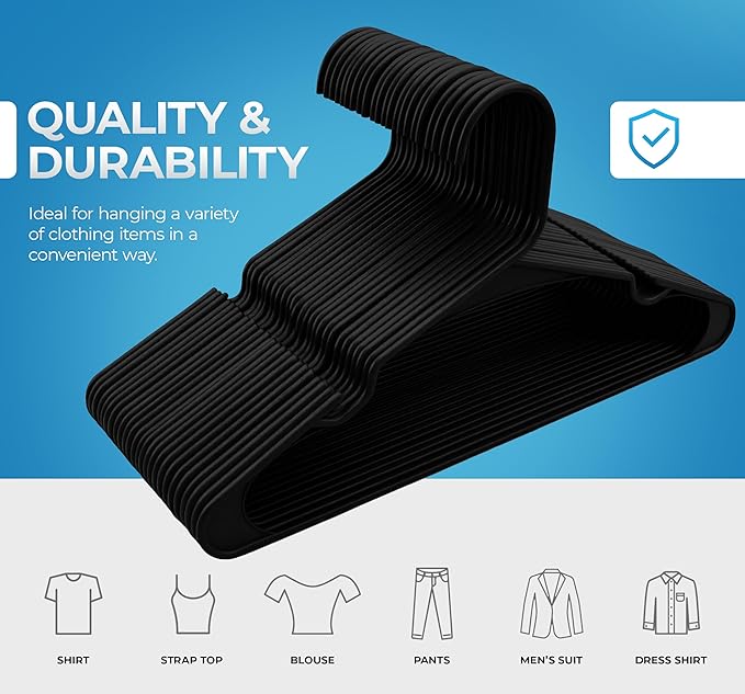 Beddora Plastic Hangers 50 Pack, Black Clothes Hangers for Closet Organization and Storage Space-Saving Design, Kids & Adult Coat Hanger for Suits, Shirt & Percheros Ganchos para Colgar Ropa Hangars