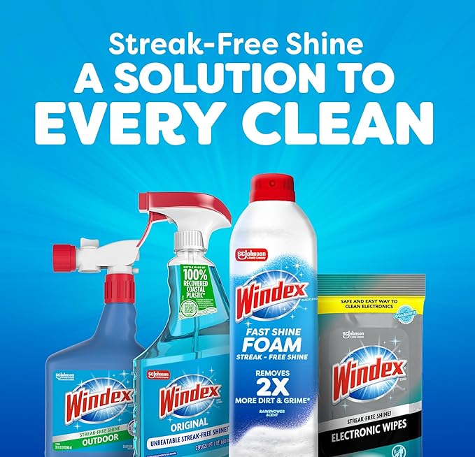 Windex Fast Shine Foam Glass Cleaner, No-Drip Windows, Doors, Mirrors & Countertops Aerosol Cleaning Spray, Streak-Free Shine, Removes Fingerprints, Dust, Dirt, Grime & More 19 oz (Pack of 6)