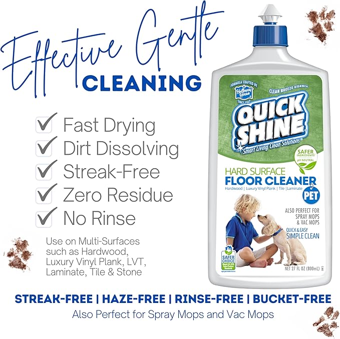 Quick Shine Plant Based Pet Floor Cleaner 27 oz, 2Pk | Ready to Use, Removes Dirt, Streak Free, No Rinse | Hardwood, Laminate, Luxury Vinyl Plank LVT, & Tile | Safer for Kids, Pets & Our Environment