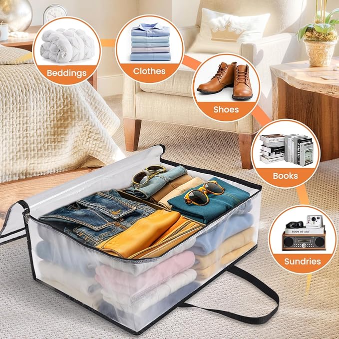 TasticTotes 4 Pack Clear Storage Bags for Comforter, Clothes & Bedding, Plastic Blanket Storage with Zipper and Handle, Moving Bags, Closet Organizer and Under-Bed Storage (90L)