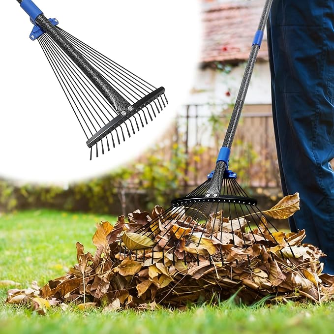 Expandable Rake for Leaves, Garden Leaf Rake for Lawns with 8-17“ Width & 65” Height - Lightweight Metal Yard Rakes for Women & Kids, for Pine Needles, Grass, Dog Poop - Easy Storage for RV & Camping