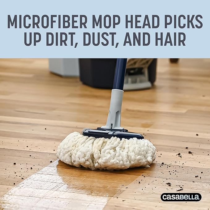 Casabella Spin Mop System with Extra Mop Head Refill - Two-Bucket Design with Splash Guard Built-in Measuring Cup and Scraper Tool with Easy Wring Pedal Spinner, 1.25-Gallon, Blue
