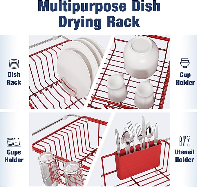 JASIWAY Red in Sink Dish Drying Rack, Expandable Stainless Steel Small Dish Rack Over Kitchen Sink, Plate Drainer Strainer with Cutlery Holder & Cup Holders, Counter Space Saving Wire Dryer Rack