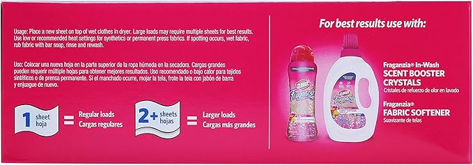Clorox Fraganzia Fabric Softener Dryer Sheets, Wrinkle Reducing and Anti Static Laundry Dryer Sheets for Great Smelling Clothes, Softens Fabrics, Fresh Spring Scent, 105 Count - 6 Pack