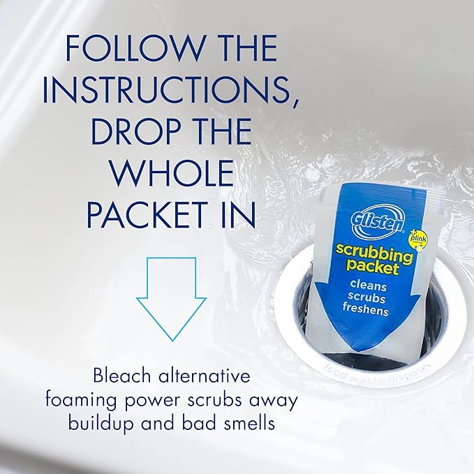 Glisten Garbage Disposer Cleaner and Freshener, Sink Disposal Odor Eliminator with Foaming Action, Lemon Scent, 4 Packets