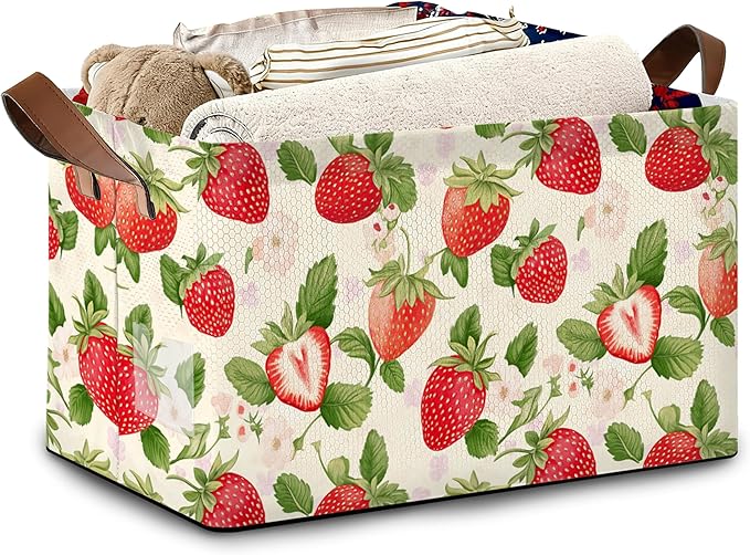 Strawberry Storage Baskets,Leaves Foldable Large Capacity Organizer Bins with Waterproof Lining and Leather Handles for Closet,Shelf,Bedroom 17x11.5x10Inch