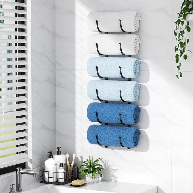 Bathroom Rolled Towel Rack: 6-Tier Wall Mounted Towel Storage Holder, Hanging Organizer for Towels, Blankets, Large Bath Sheets, Space Saving in RV, Closet, Toilet, Cabinet, Black