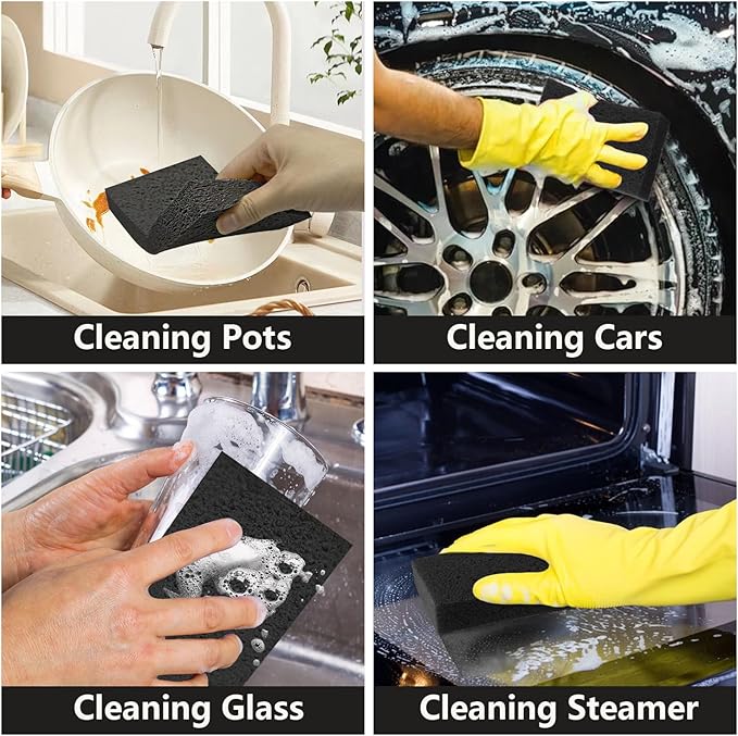 Cellulose Sponges, Large Size 4" x 6" x 1" - Heavy Duty Scrub Kitchen Sponge, Clean Tough Messes Without Scratching Kitchen Cleaning Pads, Pop Up Eco DIY (6 Pack), Black