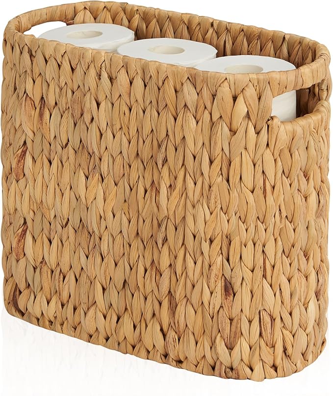 ELONG HOME Toilet Paper Storage for 9 Rolls, Water Hyacinth Wicker Toilet Paper Storage Holder, Toilet Paper Basket with Built-in Handles