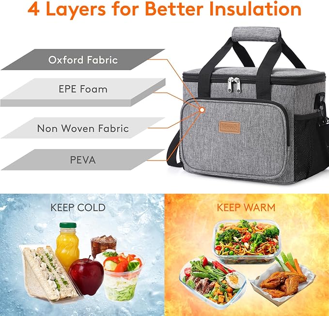 Lifewit Large Lunch Bag, Insulated Lunch Box, Soft Cooler Cooling Tote for Adult Men Women, Gray 24-Can (15L)