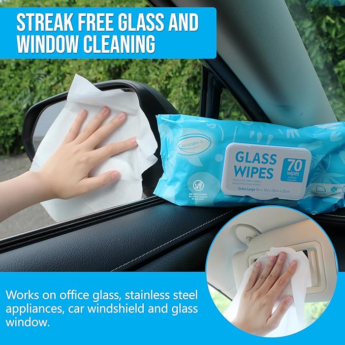 Air Jungles Glass and Window Cleaner Wipes 70 Count, Extra Large 8" x 10" Size Cleaning Wipes for Car Windshield, Headlight, Mirror, Tile and Home Glass Surface