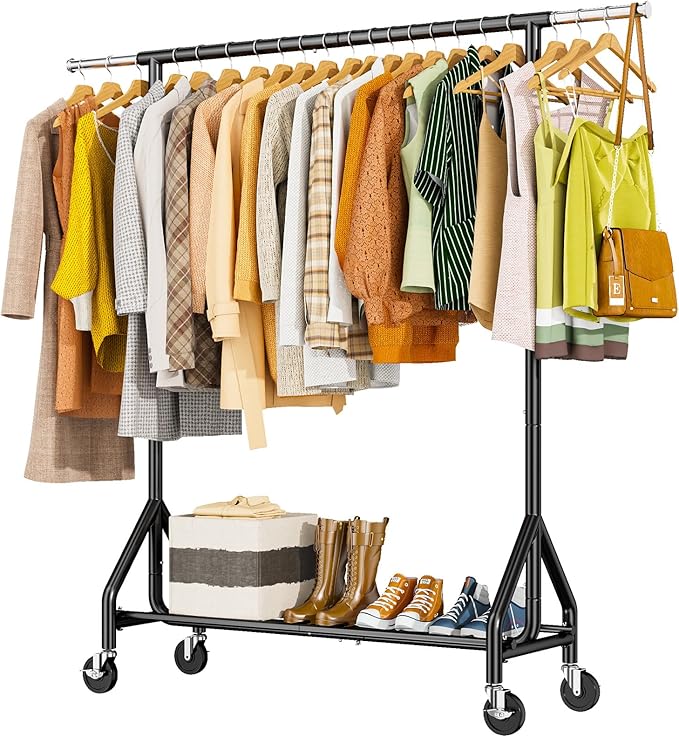 HYSEYY Heavy Duty Clothes Rack Load 450 LBS, Metal Garment Rack, Standing Rolling Clothing Rack for Hanging Clothes with Sturdy Wheels & Shelves, Portable Closet Wardrobe Rack,Black