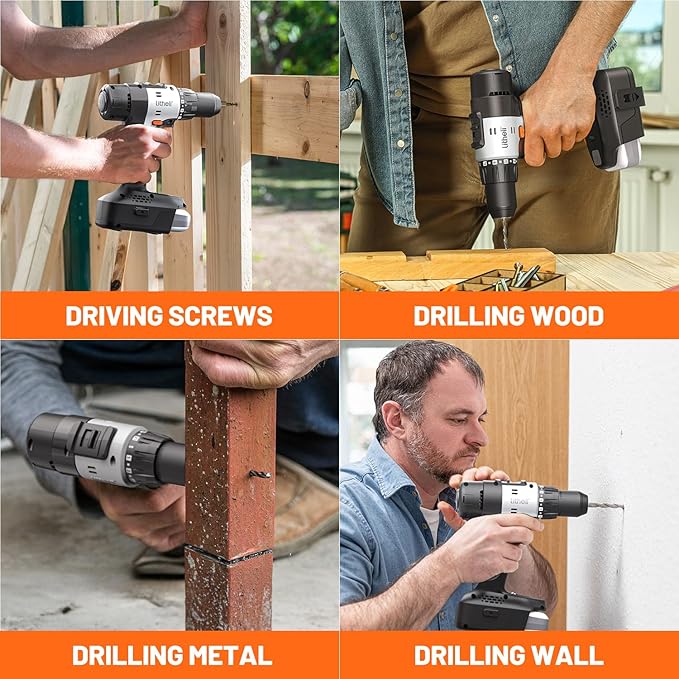 Litheli 20V Cordless Drill Set, 1/2-Inch Keyless Chuck, 443 In-lbs Torque, 2.0Ah Battery with Power Bank Function & Type-C Charging, 64-Piece Home Tool Kit with Bag for DIY & Home Repairs