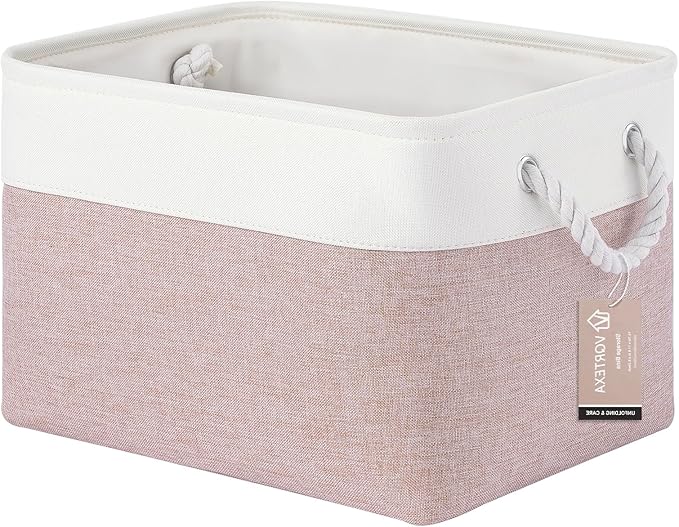 Large Storage Baskets- 15x11x10 inch Storage Bins for Shelves and Closet Organizing, Foldable Fabric Bin for Home Organization Clothes and Laundry (1-Pack, White&Pink)