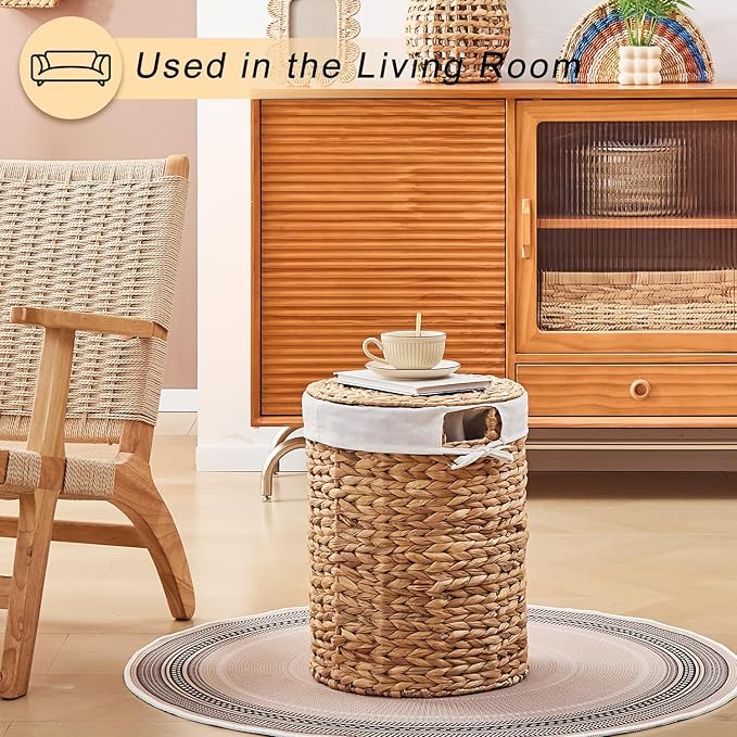 Round Water Hyacinth Laundry Hamper with Lid Handwoven Wicker Basket with Handles for Dirty Clothes, Storage, and Organization, No Assembly Required, 40L