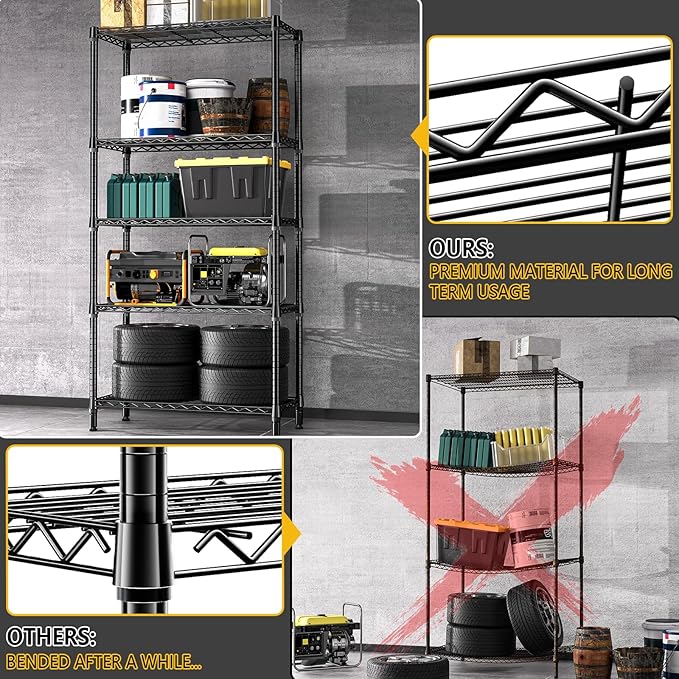 M MZG 1250 lbs 5 Tier Shelf Metal Storage Shelves Shelving Wire Rack Heavy Duty Closet Organizers for Garage Kitchen Bathroom Laundry Black 15.7" D x 33.5" W x 68.5" H