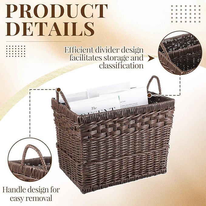 Hand Woven Magazine Holder Rectangular Wicker Divided Magazine Basket with Handle Newspaper Book Storage Basket Organizer for Office Living Room Home Office, 15.5 x 12 x 12.5 Inch