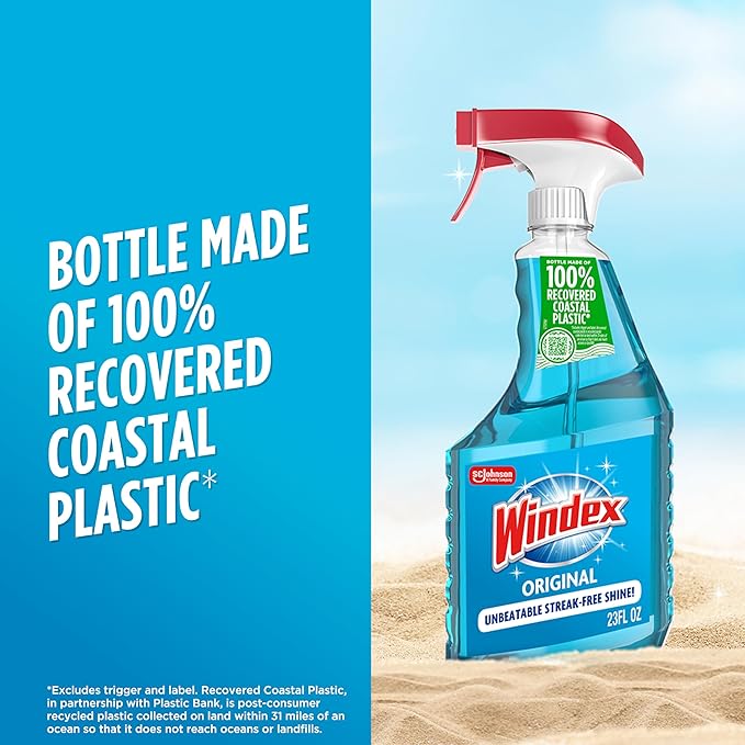 Windex Glass and Window Cleaner Spray Bottle, Bottle Made from 100% Recycled Plastic, Surface Cleaning Spray, Original Blue Scent, 23 Fl Oz (Pack of 6)