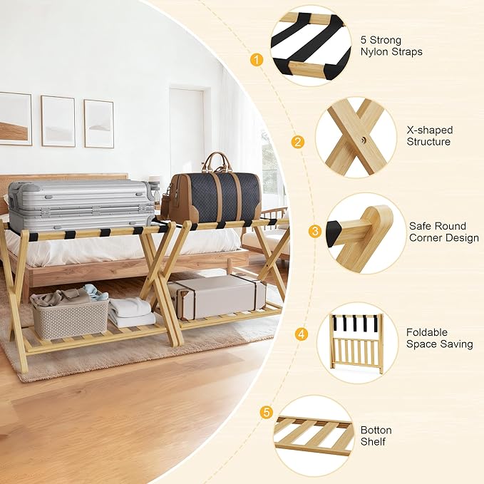 Fully Assembled 26.77" Luggage Stand, Bedroom, Hotel - Natural Bamboo Suitcase Stand, Foldable with 2 Layers - Luggage Racks for Suitcases, up to 165 lbs