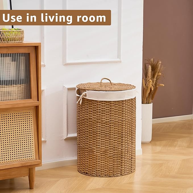 Round Wicker Laundry Hamper with Lid Handwoven Rattan Basket with Handles for Dirty Clothes, 2 Washable Liner Bags, No Assembly Required, Washable Basket, 90L