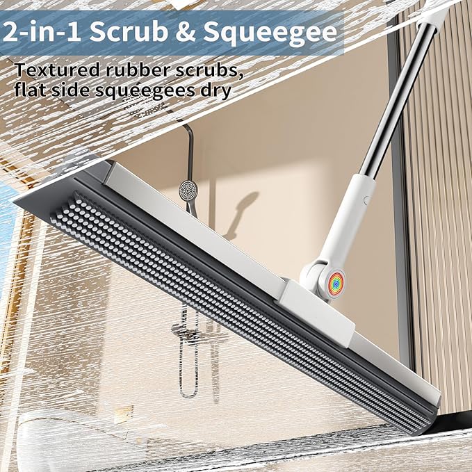 Floor Squeegee for Concrete Floor, Squeegee for Floor with 180° Rotating Head & 63" Long Handle, Garage Floor Squeegee Broom for Epoxy, Pet Hair, Water Removal, Tile Floor, Shower Glass, Driveway