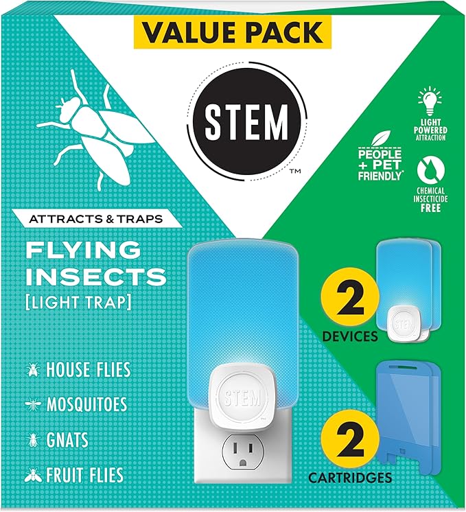 STEM Insect Trap - Indoor Fruit Fly & Gnat Pest Control for House, Home and Kitchen, Attracts & Traps Flying Bugs, Soft Blue Light - Includes 2 Plug-In Devices & 2 Cartridges