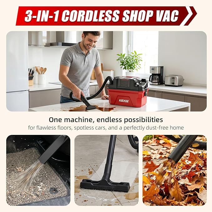 Cordless Shop Vac - 3 Gallon Small Shop Vac Wet and Dry with Accessories, 2 x 4.0Ah Batteries Wet Dry Vacuum, Ideal for Garage, Car, Workshop (Red)