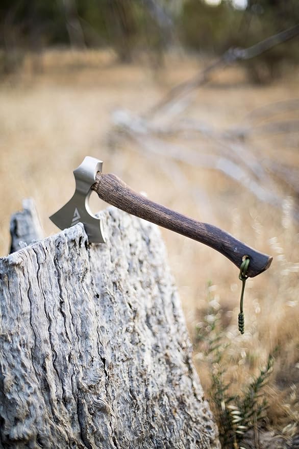 Axe with Carbon Steel Blade and Wooden Handle - Premium Hatchet with Paracord Lanyard & PU Leather Sheath