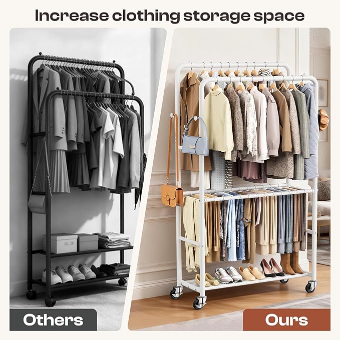 Clothes Racks for Hanging Clothes, Rolling Clothing Rack with Pants Rack, Side Hooks & Shoe Shelf, Portable Garment Rack for Bedroom, Laundry Room, Clothing Store, Closet, White
