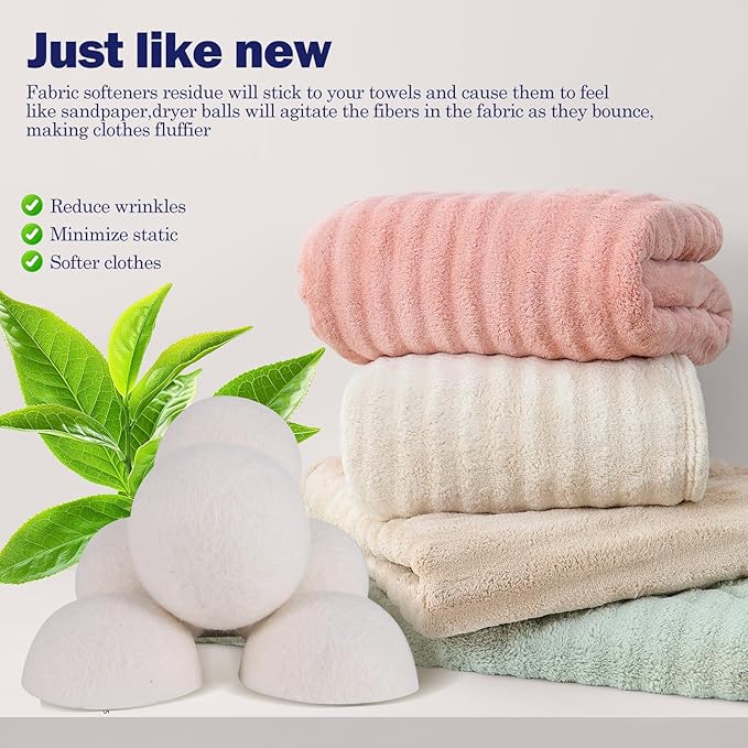 Wool Dryer Balls (2.4")6-Pack, Dryer Balls Laundry Reusable, Natural Fabric Softener, Reduces Clothing Wrinkles, Cuts Drying Time, A More Effective Alternative to Plastic Balls and Liquid Softeners
