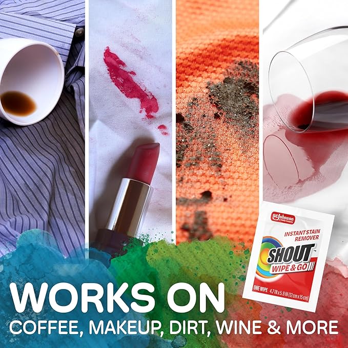Shout Wipe & Go Instant Stain Remover Wipes, No Wash Required, Safe on Colorfast Washables, Travel & Baby Diaper Bag Essentials, Removes Grass, Coffee, Makeup & More, 12 Wipes (Pack of 6)