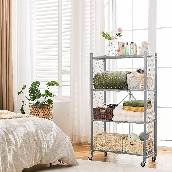 BRIAN & DANY 4-Tier Foldable Storage Shelves with Wheels, Folding Metal Rack Shelving Unit, Heavy Duty No Assembly Organizer Shelf for Garage, Kitchen, Basement, Pantry, Gray