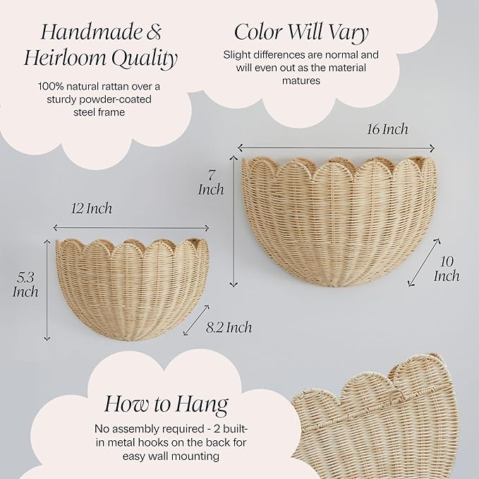 BEBE BASK The Original Scalloped Wicker Wall Basket – Set of 2 – Handwoven Scalloped Wall Baskets (16 x 10 x 7 in), Woven Rattan Wall Hanging Baskets - Natural Scalloped Basket