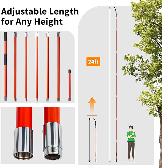 VINGLI 24ft Manual Pole Saws, Extendable Tree Trimmers Long Handle Pruner, Sharp Steel Blade and Scissors, Long Tree Pruner with Lightweight 7 Fiberglass Handles for Pruning Palms and Shrubs