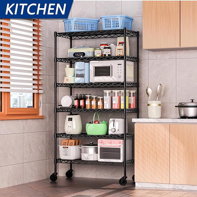 Soywey 6-Shelf Adjustable Heavy Duty Storage Shelving Unit, Metal Organizer Wire Rack for Laundry Bathroom Kitchen Pantry Closet with Wheels, Black