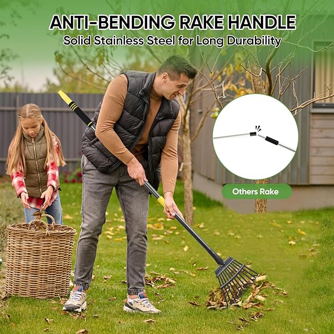 Garden Leaf Rakes, 6FT Rakes for Lawns Heavy Duty 11 Metal Tines 9 inch Wide, Adjustable Long Steel Handle, Small Shrub Rake, Gathering Leaves (Black)