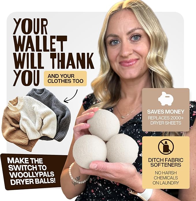 WoollyPals Dryer Balls (6-Pack, XL Size) - 100% New Zealand Wool - No More Dryer Sheets - Eco Dryer Balls - Reusable - Softens Laundry - Reduces Drying Time & Static - with Storage Bag (Plain White)