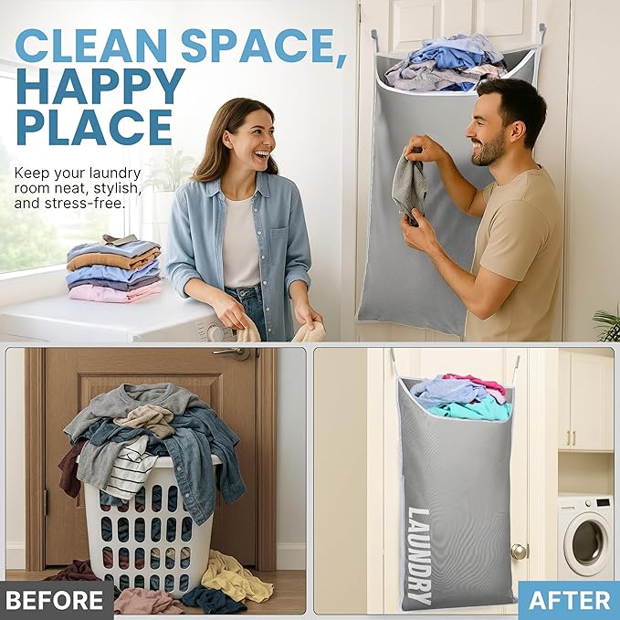 Hanging Laundry Hamper Bag XL 40x22", Space Saving over the Door Storage Bags, Behind the Door Hampers for Dirty Clothes & Wall Mounted Basket for Bathroom, Organizer for Small Room Spaces RV