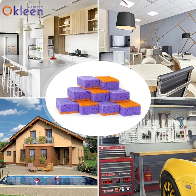Purple and Orange Multi Use Scrub Sponges. Made in Europe. 9 Pack, 4.3x2.8x1.4 inches. Heavy Duty & Non Scratch Fiber. Odorless Durable Delicate, Easy Washable Violet Scrubber